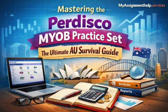 Digital illustration: Sydney Opera House and laptop showing MYOB 'Perdisco Practice Guide